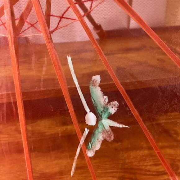 Vintage Transparent Red Fabric Parasol Floral with Butterflies Hand Painted 17"H - Picture 4 of 11